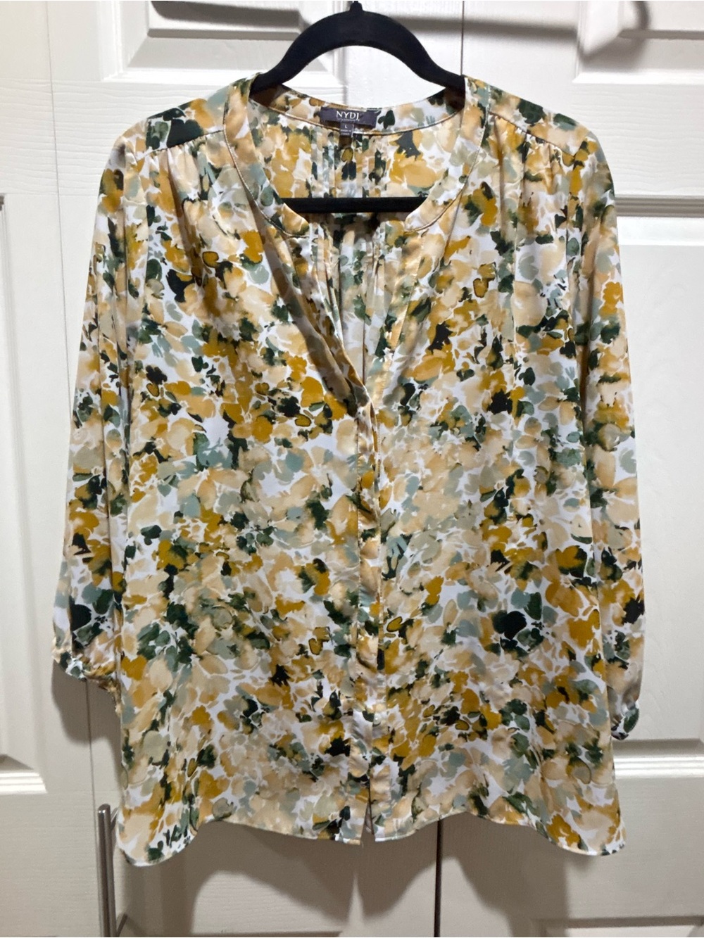 NYDJ Floral Button-Front Blouse in Green, Mustard & Cream - L